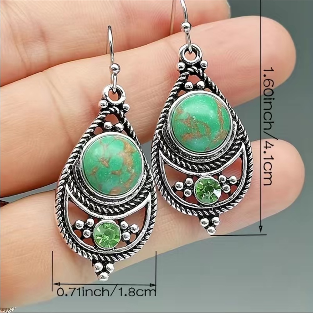 Boho Turquoise and Gemstone Silver Teardrop Earrings - Picture 5 of 5